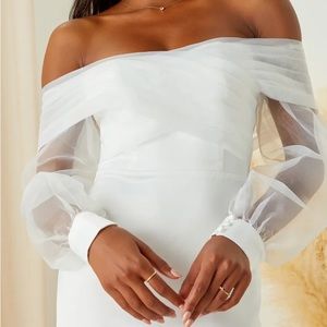 Lulu’s Blissfully Loved White Satin Organza Off-the-Shoulder Wedding Dress. NWT